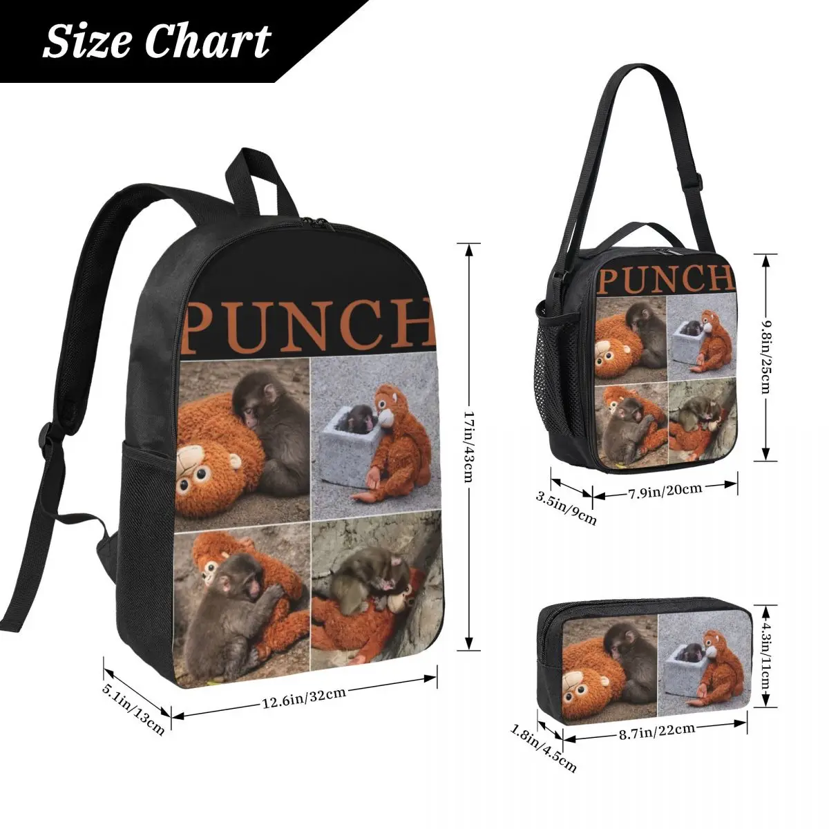3Pcs Punch Monkey merch Backpack Set for Children Pencil Boxes Bookbag Sets with Lunch Box For School Students Daypack