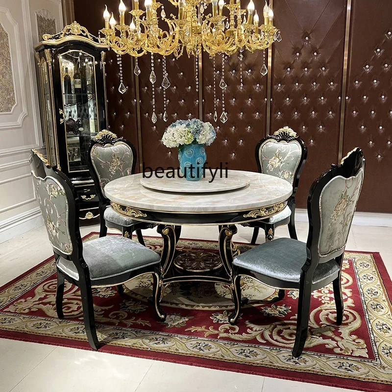 ss8350 French dining table and chair combination, household solid wood 6-person round marble round dining table with turntable