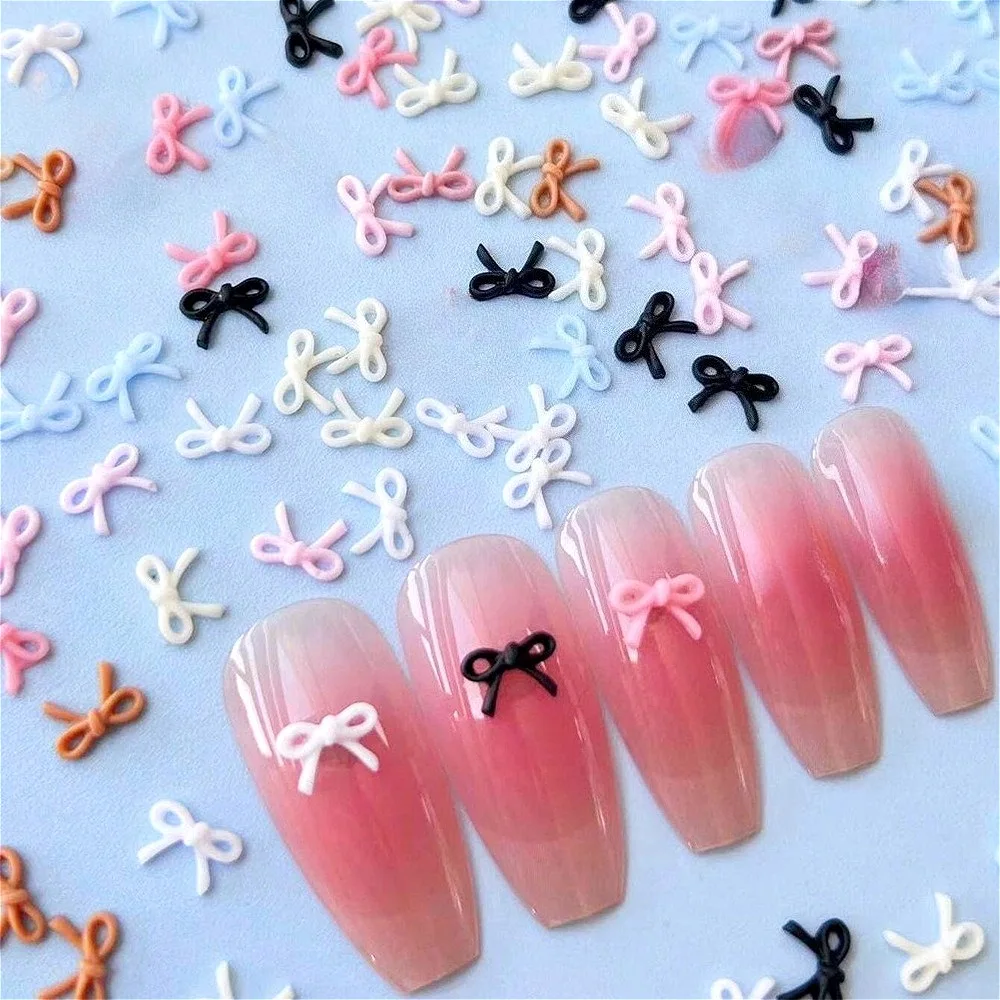 100Pcs 6*8mm Bow Resin Nail Art Decorations, Fresh Macaron Color Hollow Ribbon Mini Bowknot Resin Nail Charms DIY Accessories