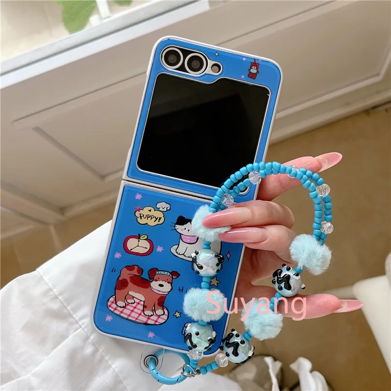Korean Cute Bow Cat Puppy Blue Phone Case With Fur Ball Chain For Samsung Galaxy Z Flip 7 FE 6 5 4 3 Shockproof Back Shell Girls