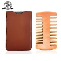 Natural Beech Wooden Beard Comb & Leather Case For Men, Dual Action Fine & Coarse Teeth, Beard Styling Comb For Daily Beard Care