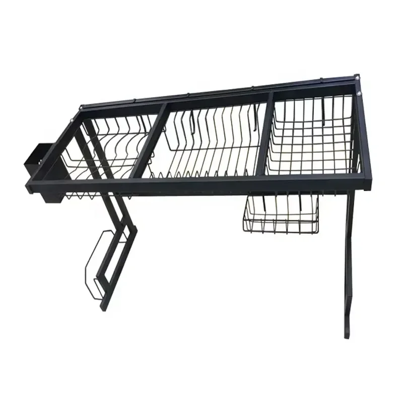 Modern Black Iron Kitchen Dish Drying Rack 85cm Double Layer Removable Storage Shelf for Plates Cups Multifunctional