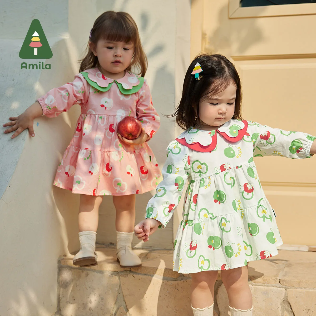 Amila Baby Dress 2024 Spring New Sweet Cutey Full Print Breathable Pure Cotton Class A Girls Clothing