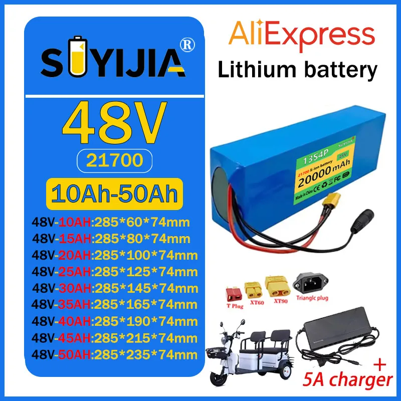 48V 10Ah 15Ah 20Ah 25Ah 30Ah 35Ah 40Ah 45Ah 50Ah 21700 Lithium Battery Pack 2500W Built in BMS for Wheelers Motorcycle Scooter
