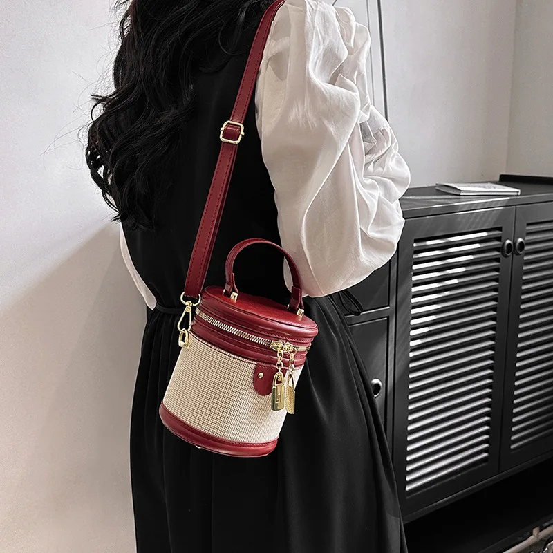 New in Women Beige Canvas Cylinder Bag Red PU Leather Trim Crossbody Hand Carry with Lock Charm Casual Travel Ladies Handbag