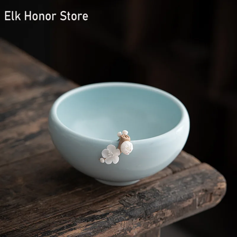 390ml Azure Ru Kiln Porcelain Tea Wash Bowl Hand Pinch Flower Ceramic Tea Residue Bucket Japanee Tea Dust Cylinder Barrel Gifts