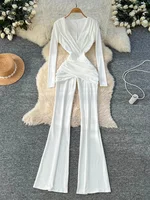 SINGREINY Minimalist Office Lady Jumpsuits Women Deep V Neck Slim Pleated High Waist American Fashion Glamorous Wide Leg Rompers