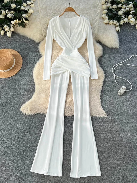 SINGREINY Minimalist Office Lady Jumpsuits Women Deep V Neck Slim Pleated High Waist American Fashion Glamorous Wide Leg Rompers