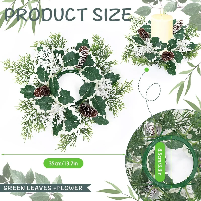 Artificial Flower Candle Wreath Garland Romantic Candle Rings Pinecone Green Leaf Candlestick Wreath Christmas Decor - Image 5