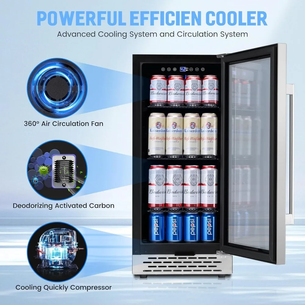 15 inch Beverage Refrigerator with Glass Door 130 Cans Mini Beverage Cooler Under Counter Frestanding Built