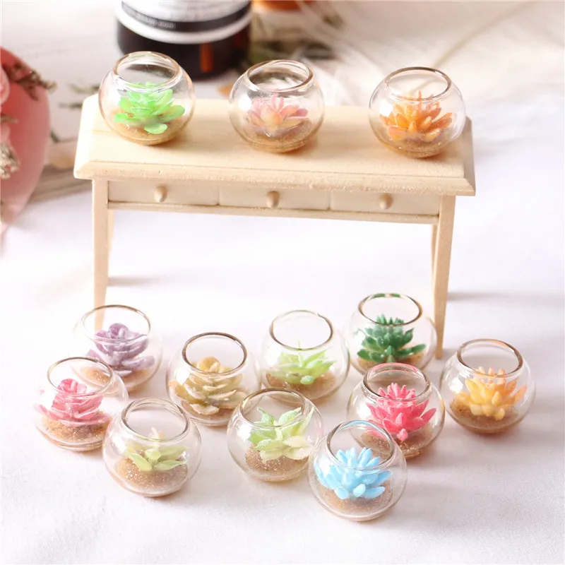 1pcs Miniature 1:12 Dollhouse Potted Glass Vase Lifelike Succulent Mode Decoration Desktop Ornaments Dolls House Accessories