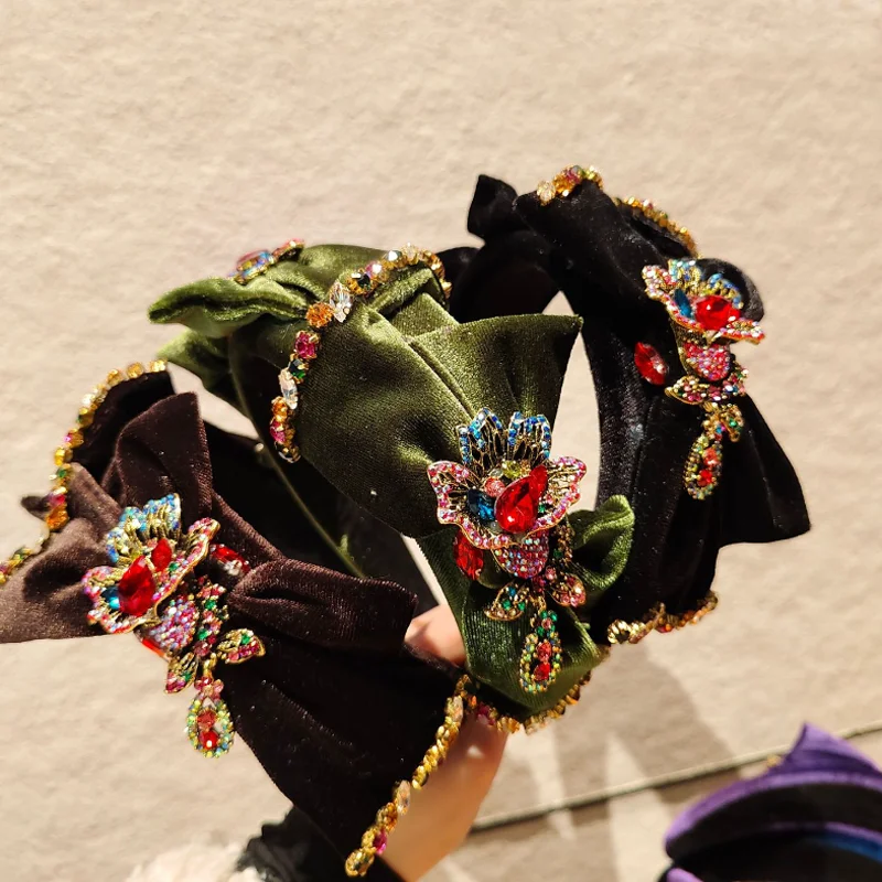 Retro Velvet Bow Princess Headband Luxurious Color Diamond Baroque Hair Hoop Dinner Party Hair Clip Women Hairband Accessories