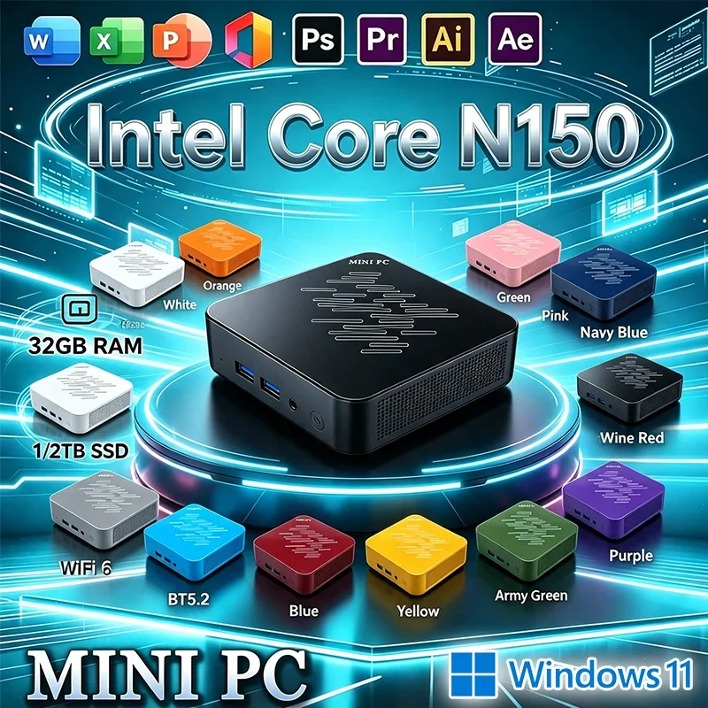 Portable Mini PC Intel N150 Windows 11 Pro  High‑Performance 32GB RAM 1TB 2TB SSD WIFI6 BT5.2 4K 60Hz HD Gaming Office Study PC