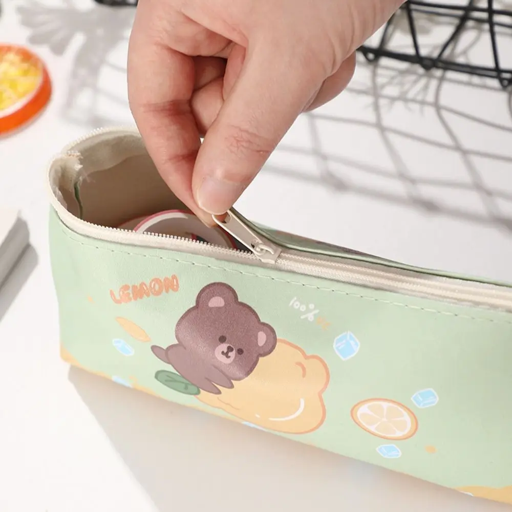 Durable Kawaii Lemon Bear Pen Bag Creative Korean Version Pu Pencil Case Multi-functional Large Capacity Stationery Bag Student