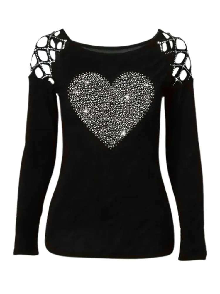 Fashion Zircon Heart Blackl T-shirt Women Solid Color Hollow Long sleeved Tops