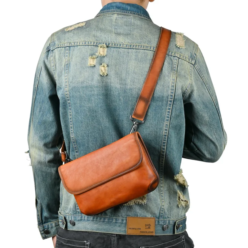 Horizontal square multi-pocket vegetable-tanned top layer cowhide crossbody bag, large-capacity men's travel small bag