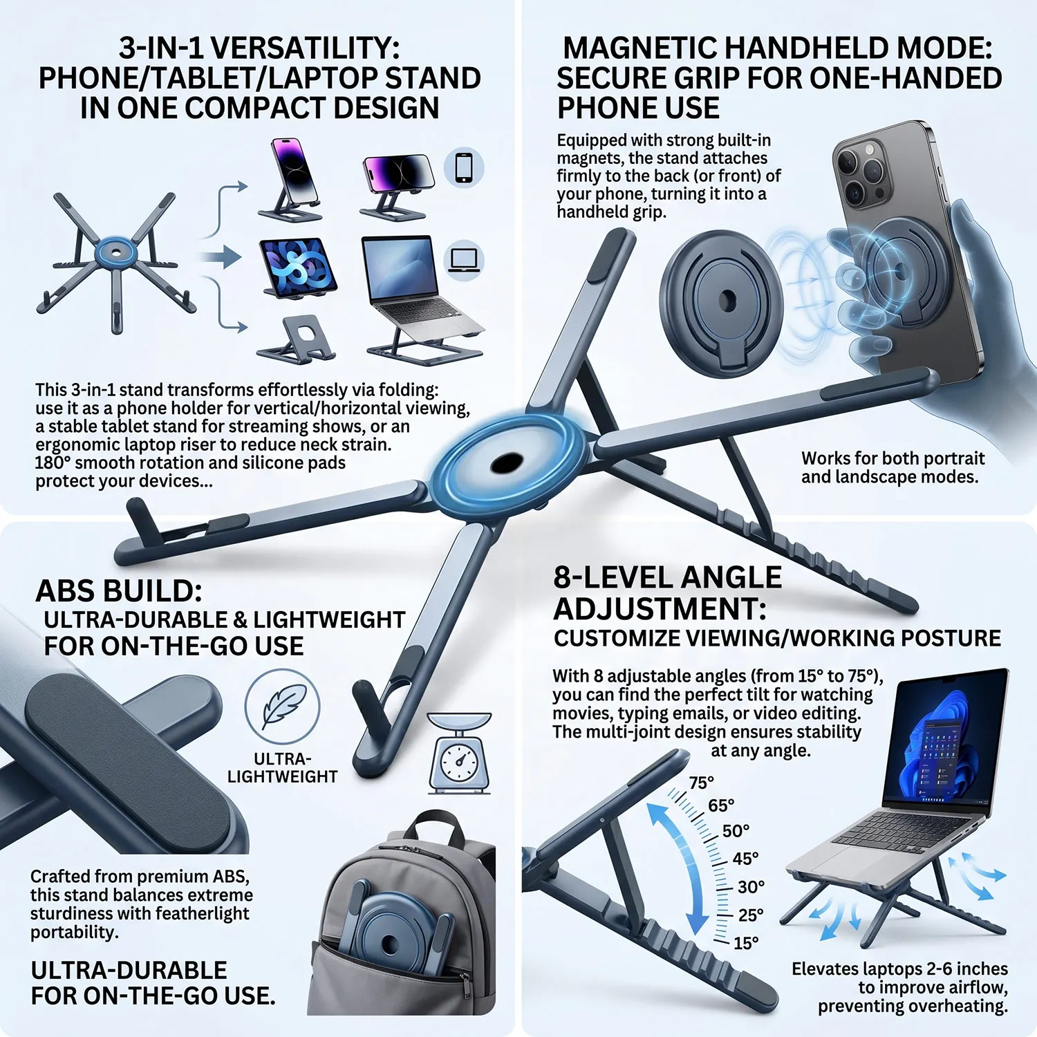 3 in 1 Foldable Laptop Stand Magnetic Phone Holder Portable Desk Mount with Tripod Handle for Pro iPad Travel Vlogging