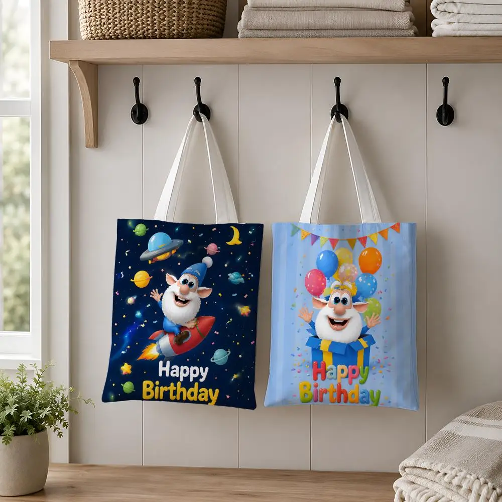 Cute White Creature Birthday Storage Bags Canvas Tote Reusable Shoulder Carry For Shopping Travel Work And School