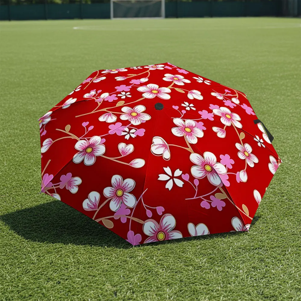 1P C Floral Red Umbrella in Front of White Building Print 8 Iron Ribs Folding Umbrella Auto-Open Fashion Sunshade