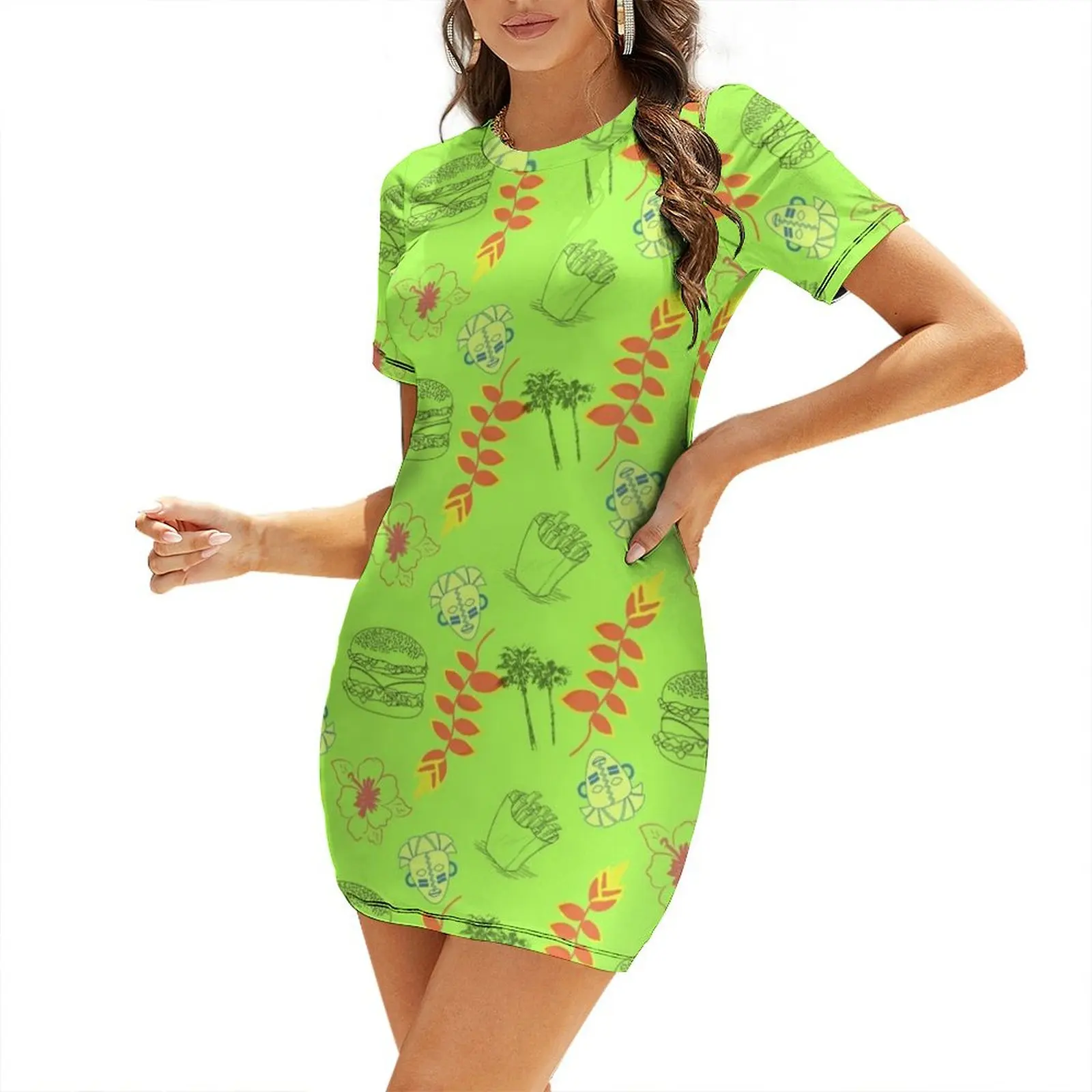 

Cheeseburger in Paradise Hawaiian Print Short Sleeved Dress women's luxury party dress clothes for women