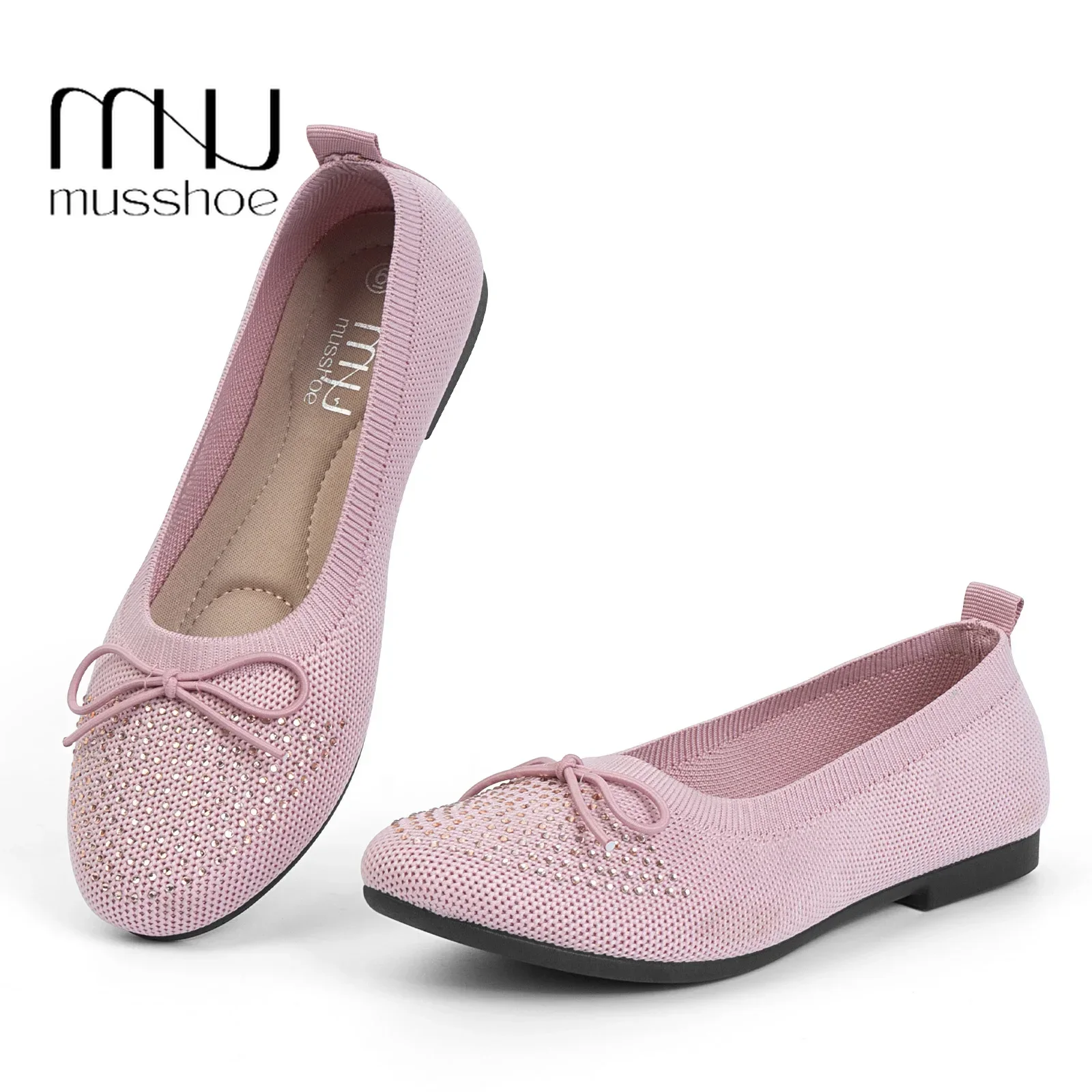 

MUSSHOE Women Round Toe Mesh Flat Sneakers Knit Dress Shoes Slip On Ballerina Walking Flats Low Wedge Comfort Running Sneakers