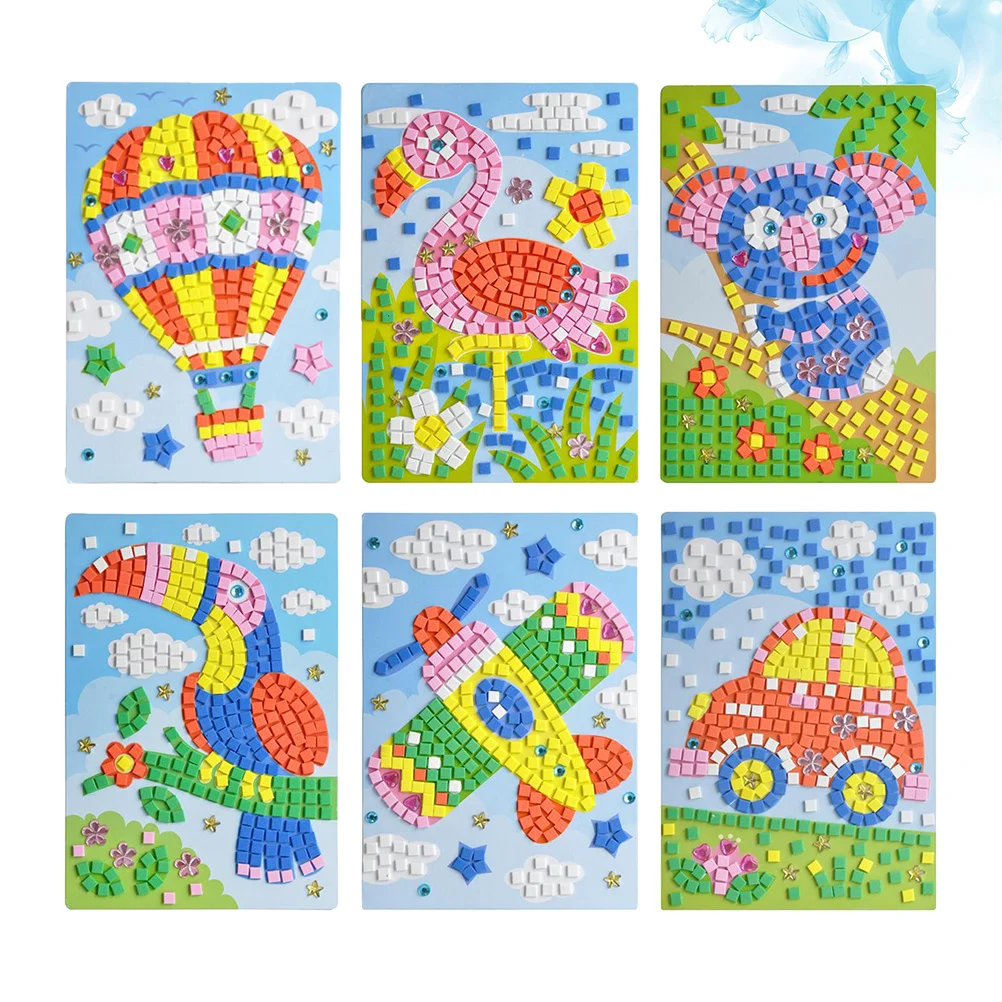 

6pcs 3D Mosaic Stickers Kids Diy Cartoon Crystal Decals Educational Handmade Eva Red-Crowned Crane Woodpecker Car Plane Hot Air