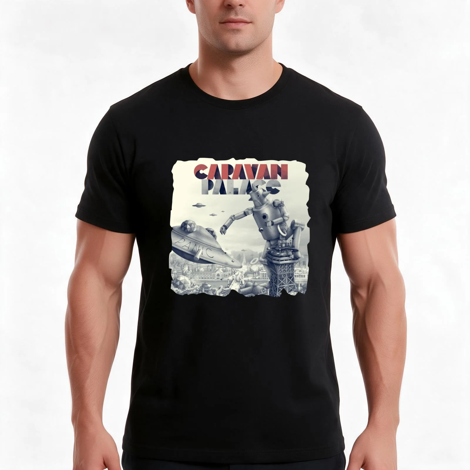 Caravan Palace Panic T-Shirt, Summer Casual Cotton Tee, Oversized Streetwear Tops, Vintage Graphic Print, Loose Fit Short Sleeve