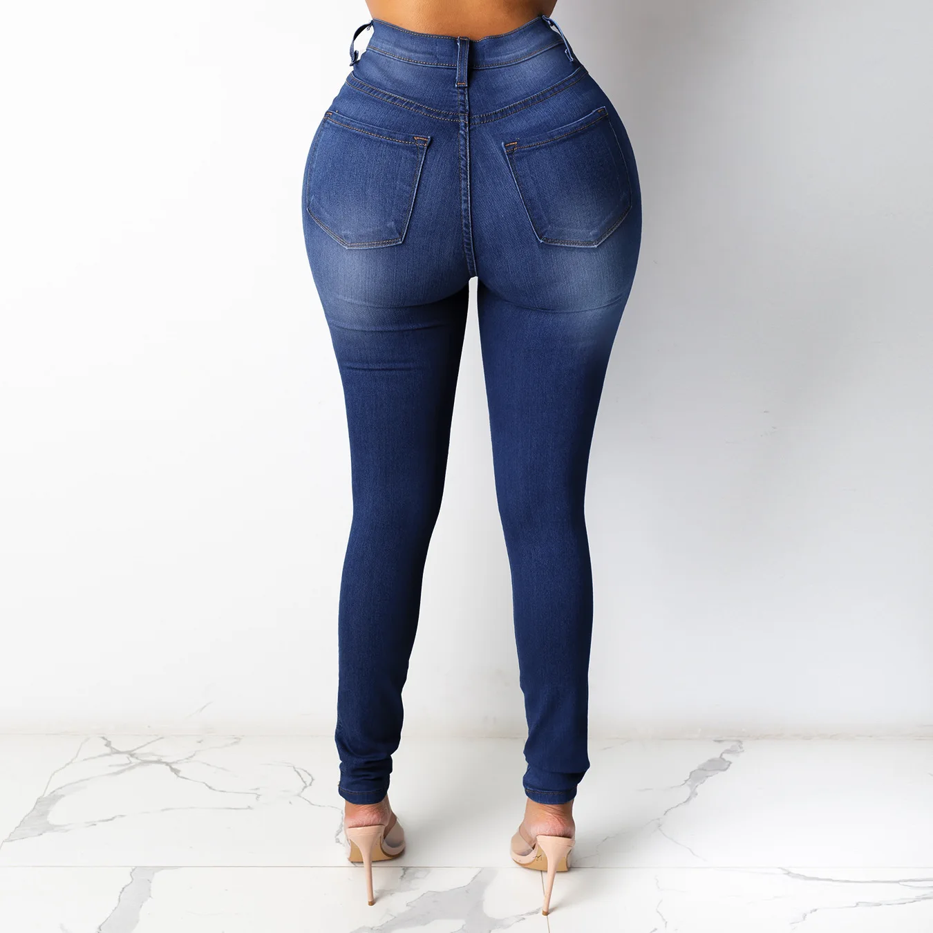 Calça jeans feminina cintura alta, slim fit, lavada, com zíper, botão, bolsos, cor sólida, lápis jeans para streetwear