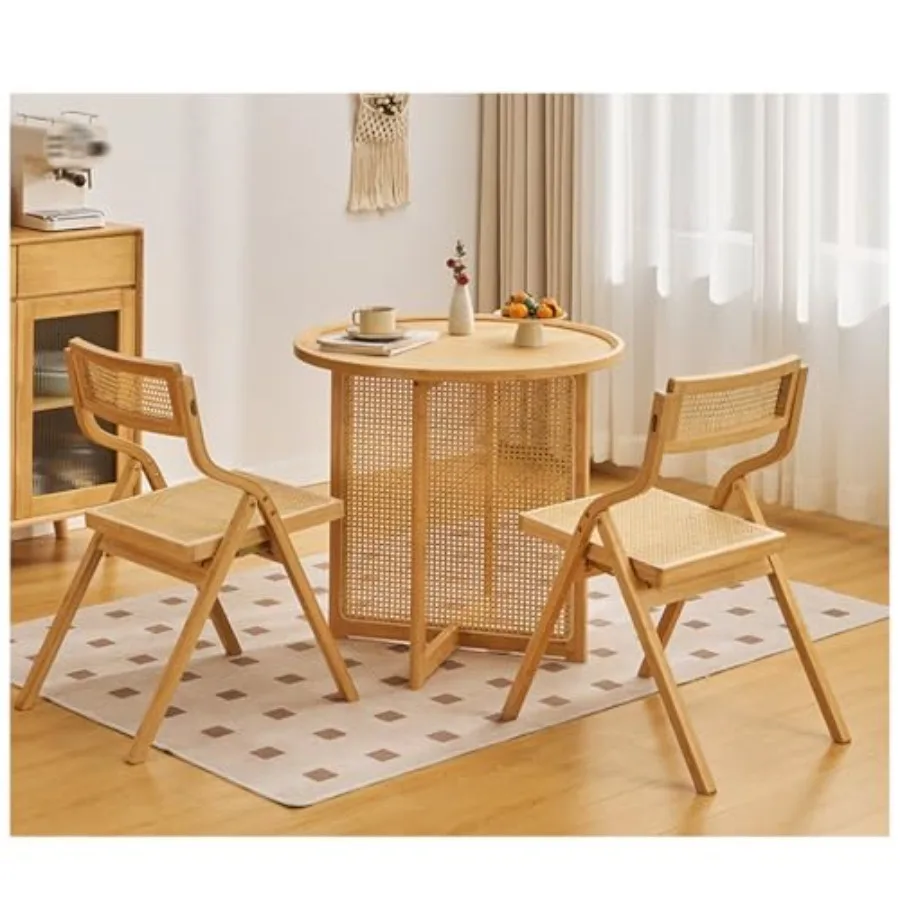 

Round Japanese Floor Table, Solid Wood Coffee Table Set, Includes Two Foldable Rattan Chairs, for Living Rooms, Apartments, Bal
