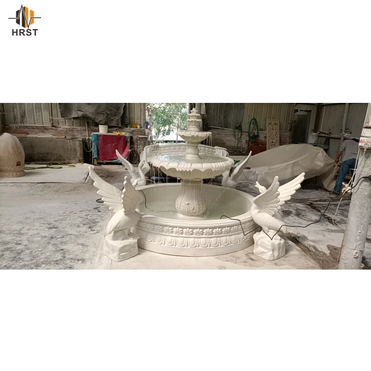 Outdoor Garden Simple Natural Stone 3 Tier White Marble Water Fountain With Bird Design