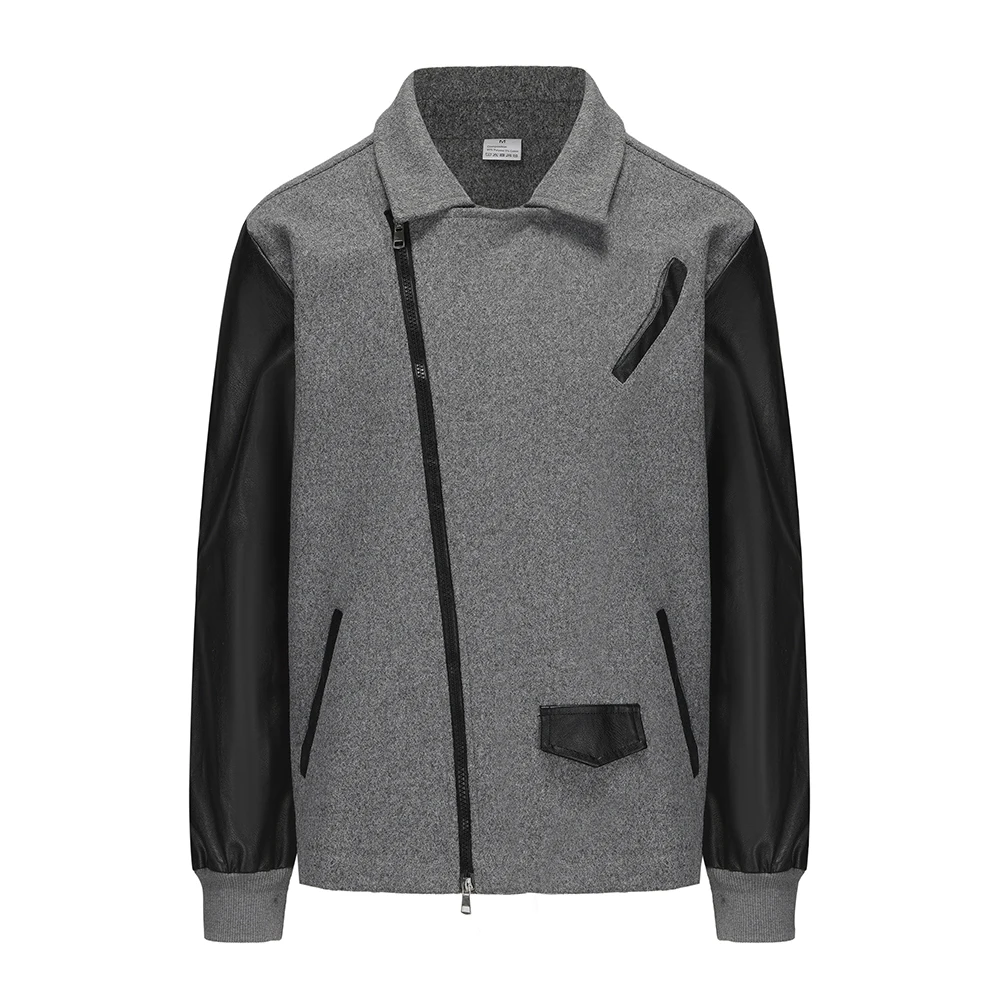 Men\'s new PU leather jacket spliced woolen lapel jacket color matching trendy versatile men\'s clothing zipper jacket