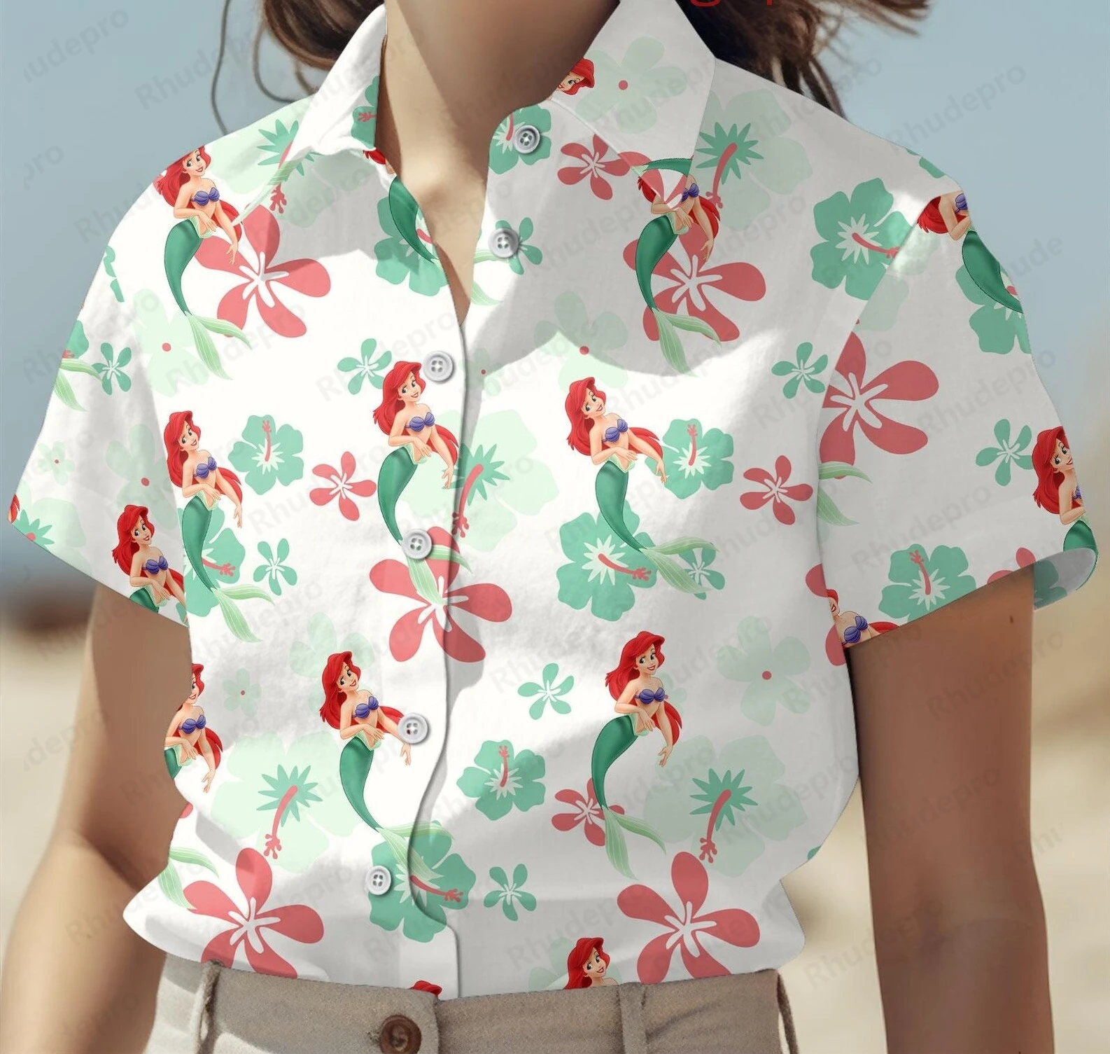 قميص ديزني برينسيس ارييل النسائي بأزرار لأعلى قميص هاواي صيفي حورية البحر الصغيرة قمصان نسائية كاجوال بأكمام قصيرة للشاطئ