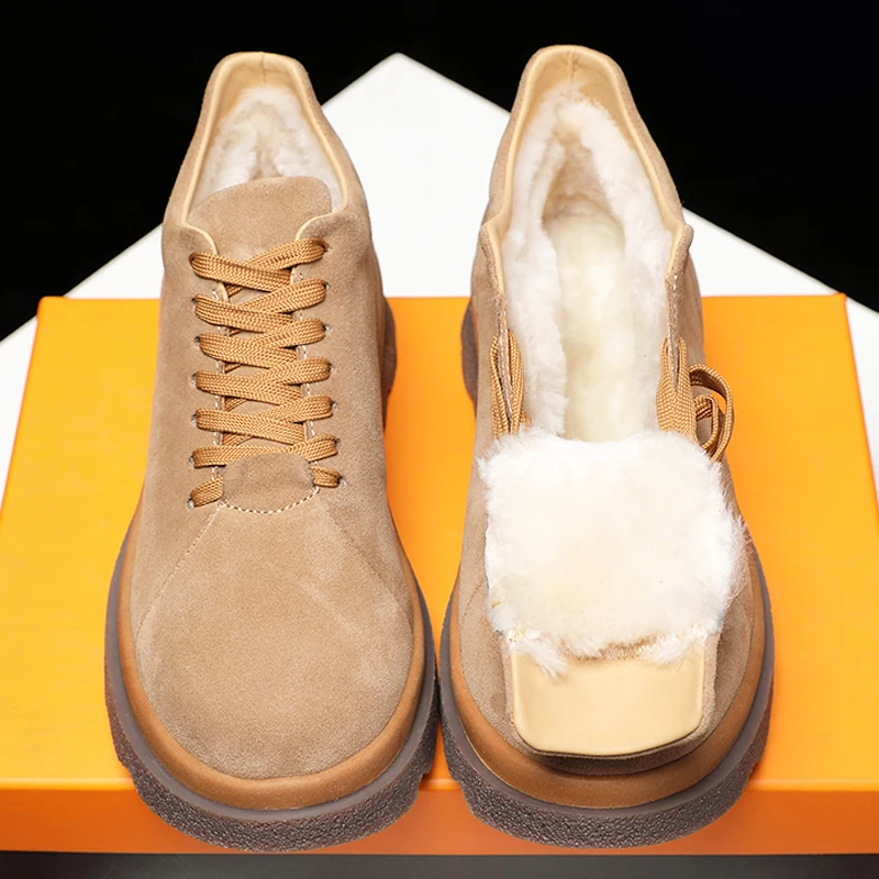 

Winter Cotton Shoes Men Snow Boots Genuine Leather Fur Thick Wool Casual Sport Boots Male Outdoor Work Round Toe Ankle Boots