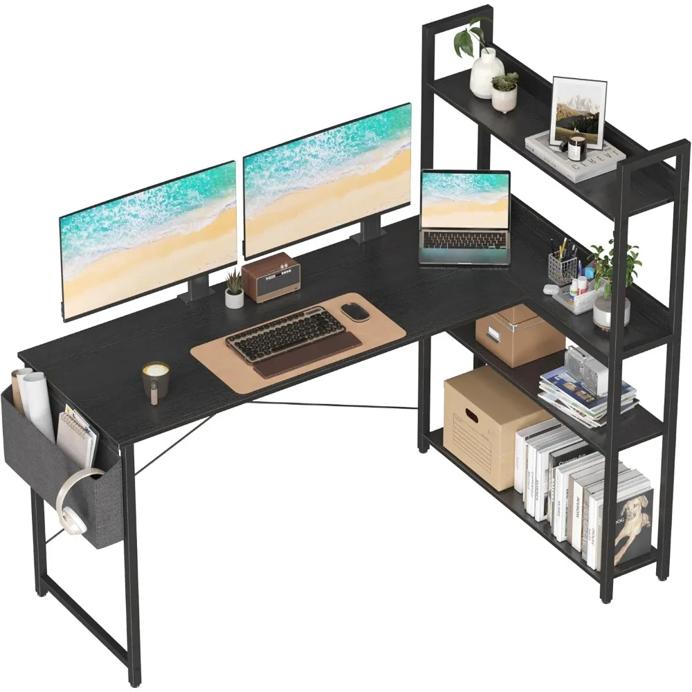 

55 Inch Computer Desk with Storage Shelves, L Shaped Desk with Storage, Corner Desk with Storage, Home Office Desks, Bookshelf