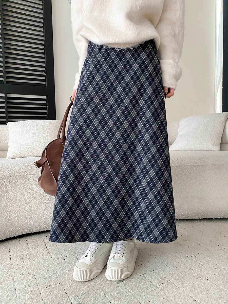 Autumn new retro diamond grid pattern hanging feeling slimming high waisted skirt