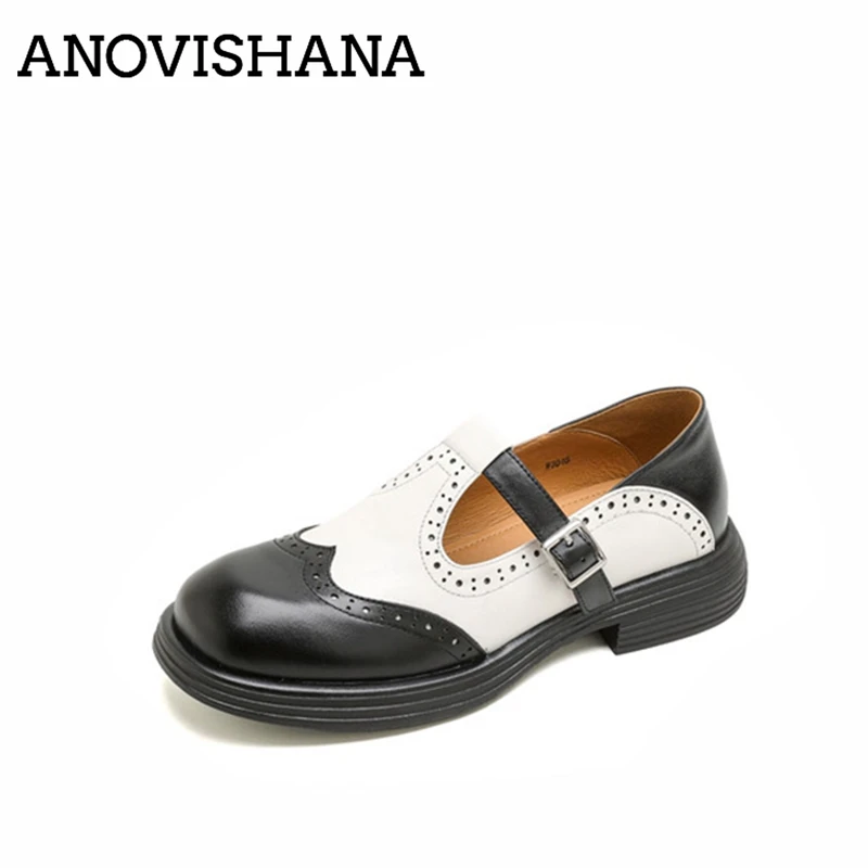 ANOVISHANA Full Top Genuine Leather Women Flat Shoes Oxford Mixed Color Breathable Round Toe 3cm Square Heel Buckle 40 41 42