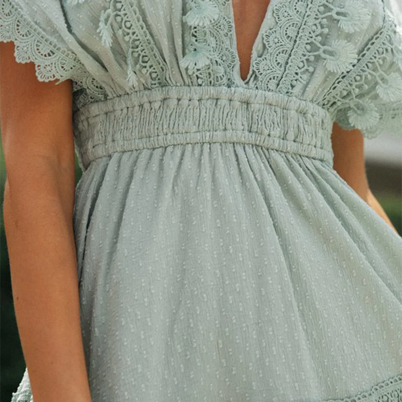 Mini abito estivo da donna Sexy manica corta a pipistrello Bohemian Vestito estivo da donna Profondo scollo a V in pizzo Backless Nappa Boho Abiti corti