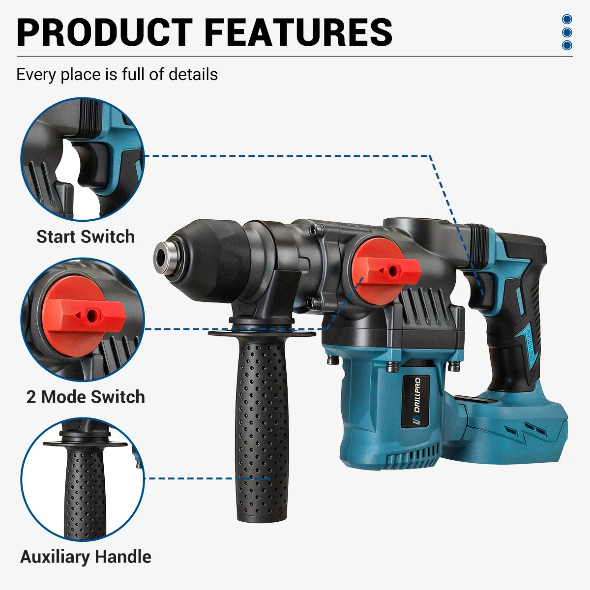 Brushless Motor Electric Hammer Drill 26mm Max Drilling Diameter 0-1500 rpm No Load Speed 0-5400 Impact Rate with 2 Mode Switch