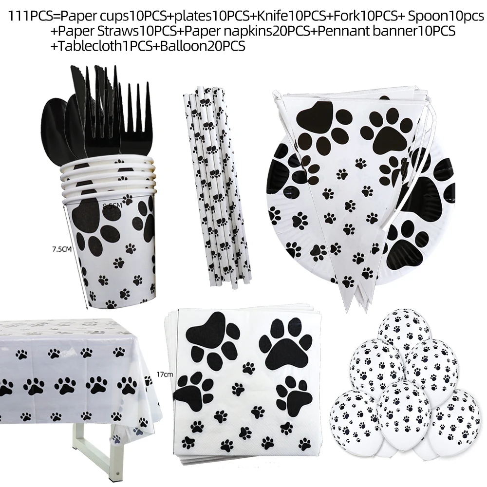 111pcs Pet Party Decoration Birthday Party Supplies Dog Paw Print Balloon Banner Family Disposable Tableware Set Party Supplies