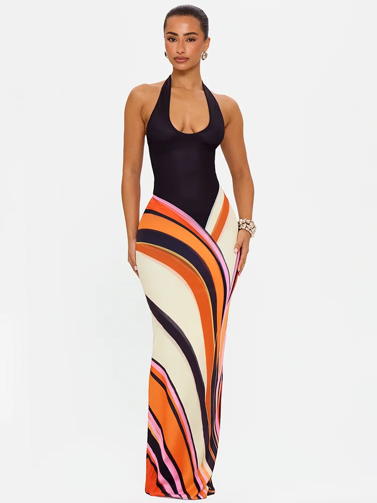 Blifanbo Sexy Maxikleid mit Neckholder-Ausschnitt und buntem Wirbelmuster für Damen, ärmellos, rückenfrei, figurbetont, mit Schnürung, für Club-Partys, langes Kleid