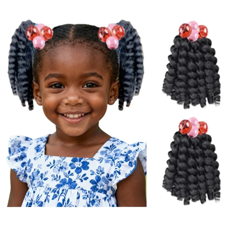 2개입 어린이용 땋은 머리 연장, 구슬 장식 탄성 밴드 포함, 소녀용 비즈 장식 합성 헤어피스, 검정색 가발 액세서리