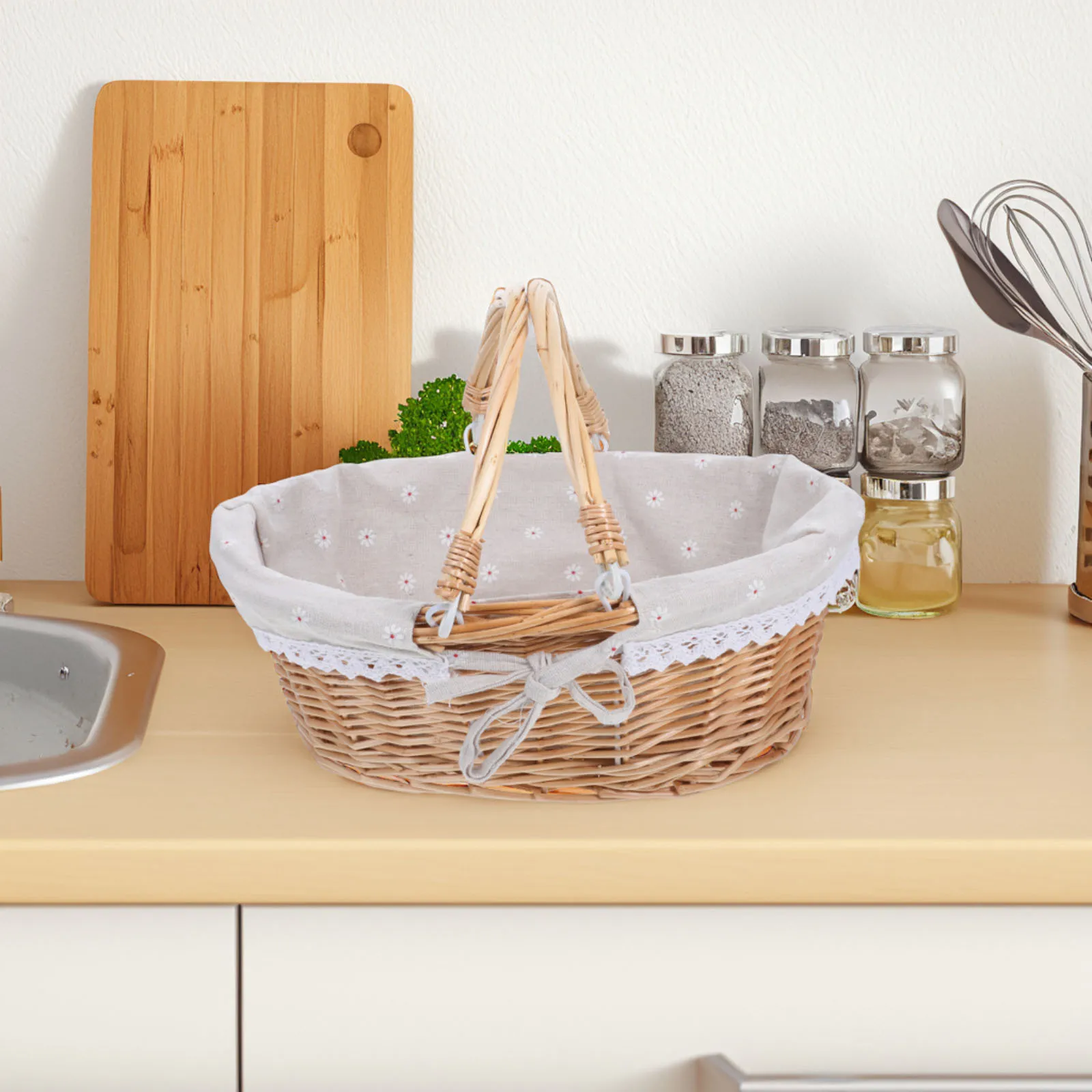 Rustic Wicker Basket Portable Picnic Organizer Fruit Storage Display Home Kitchen Counter Vintage Woven Basket with Handles