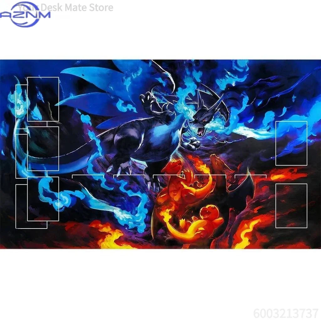 Blue Outline Fire Dragon Creature TCG Playmat Non-Slip Stitched Edge Trading Card Game Mat