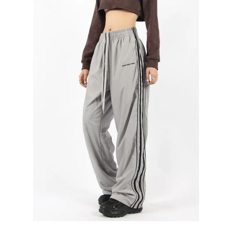 

QWEEK Harajuku Vintage Parachute Pants Women Gray Striped Baggy Korean Fashion Casual Trousers Streetwear Hippie Aesthetic Kpop