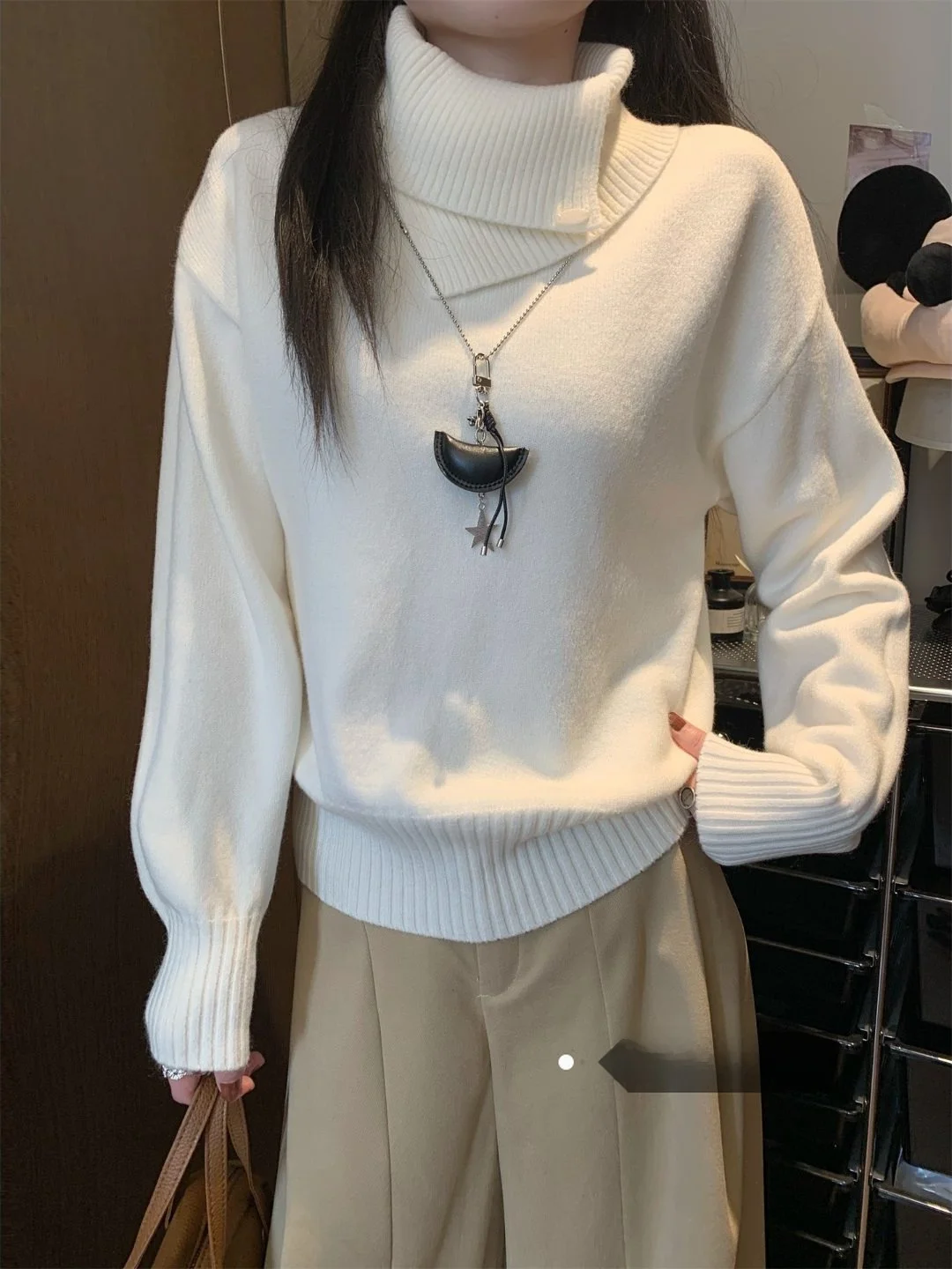 

Женский вязаный свитер с высоким воротником, свободный, облегающий, винтажный, в корейском стиле, для повседневной носки, теплый, зимний