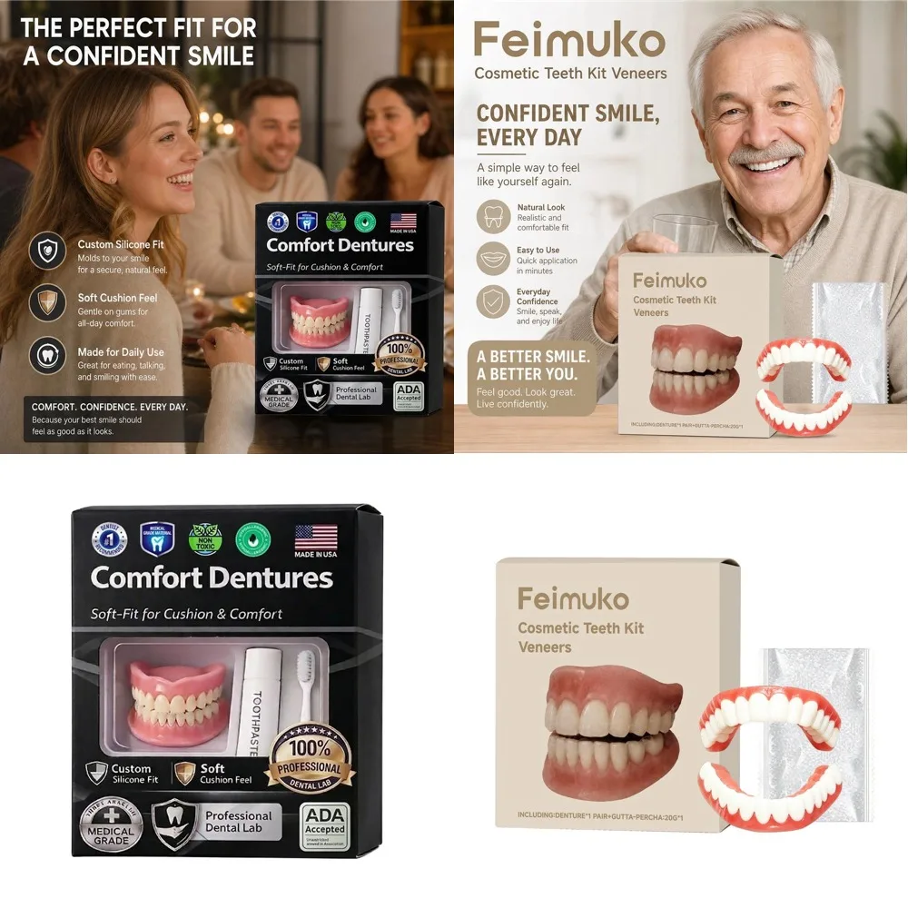 Moldable Silicone Denture Set, Upper & Lower Natural Ivory False Teeth Kit, Instant Smile with Free Toothbrush & Toothpaste 2026
