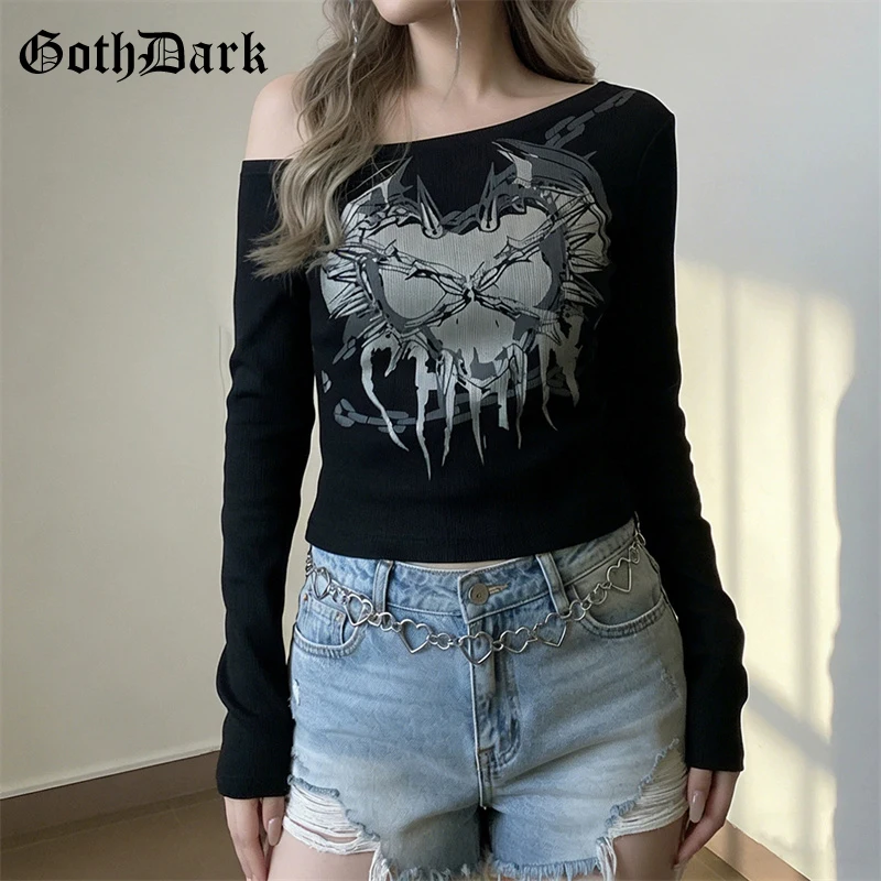 Goth Dark Women Fashion Print Long Sleeve Pullovers Tops Casual Off Shoulder T-shirts Mall Gothic Teachwear Holloween T-shirt