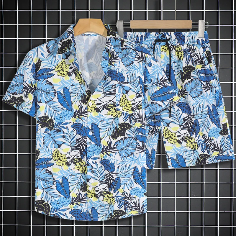 Comfortable seaside beach calligraphy plants 3D Print shirt +Shorts Two Piece Set Short Sleeve Flip collar shirts half pants