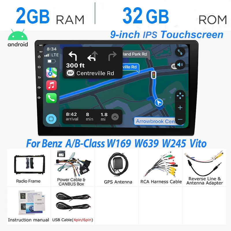 Autoradio ESSGOO Android 15 9 Inch 4+64G voor Mercedes Benz W169 W245 B200 W906 Sprinter W639 Vito met Draadloze CarPlay Android Auto GPS Navigatie Wifi RDS FM Bluetooth Stuurwielbediening Mirror Link
