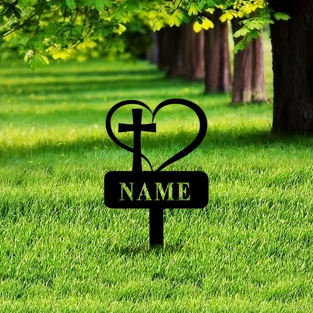 Custom Metal Heart Cross Memorial. Personalized Grave Marker. in Memory Cross for Cemetery & Garden. for Loved One Lost.